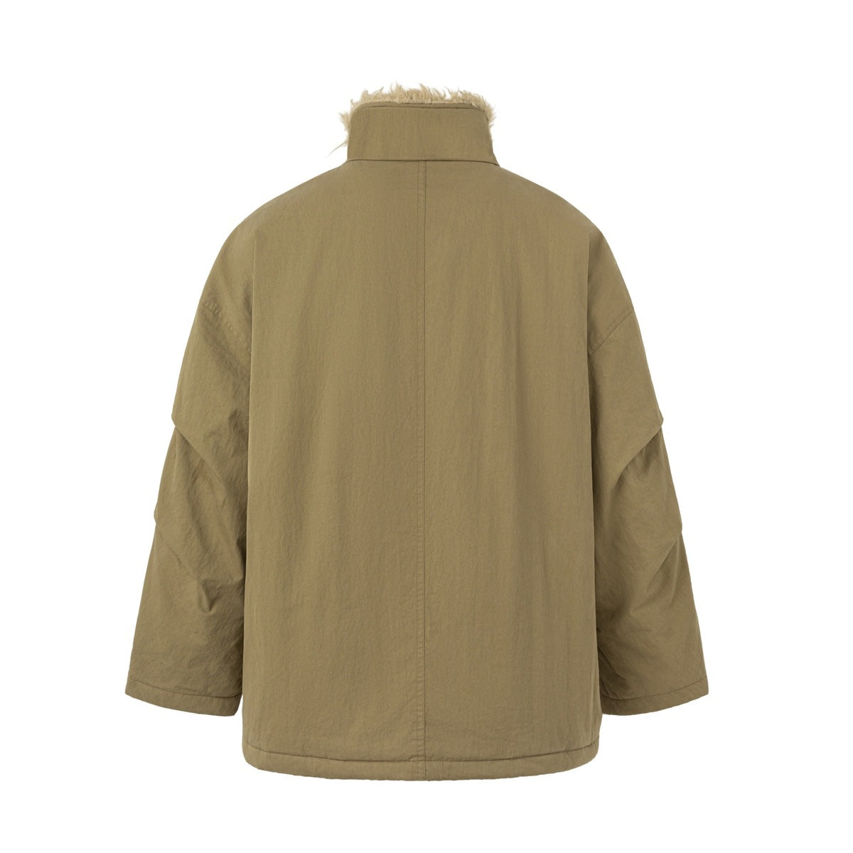 Back view of khaki padded jacket with center seam, paneled sleeves and fleece-like collar lining