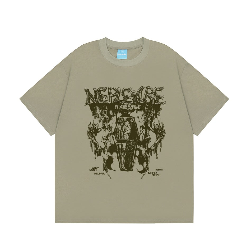 Green short-sleeve crew-neck T-shirt with large dark olive gothic coffin graphic print on the front, flat lay