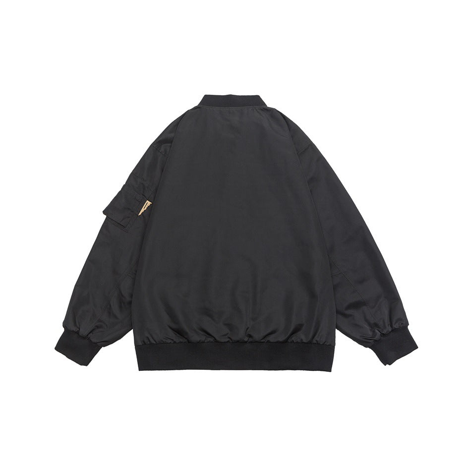 Black bomber jacket back view with ribbed collar, cuffs and hem and a sleeve pocket with gold-tone zipper pull