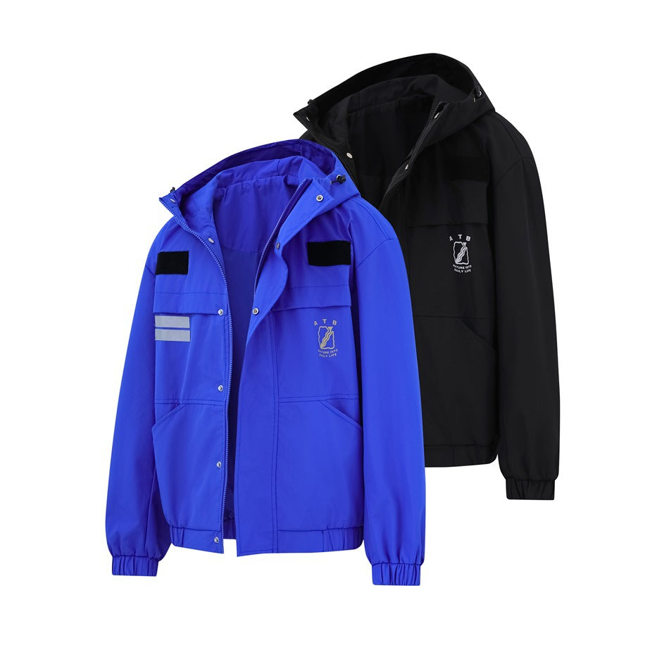 Bright blue and black hooded jackets shown together, with front pockets, reflective strips, and small chest graphics.