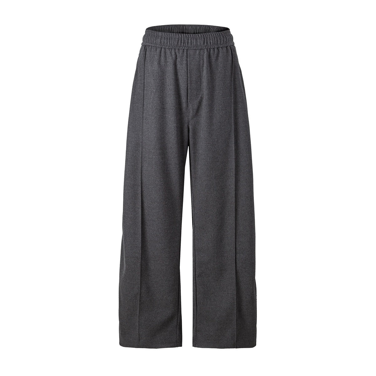 Gray wide-leg elastic-waist trousers with front pintuck creases, flat lay on white background