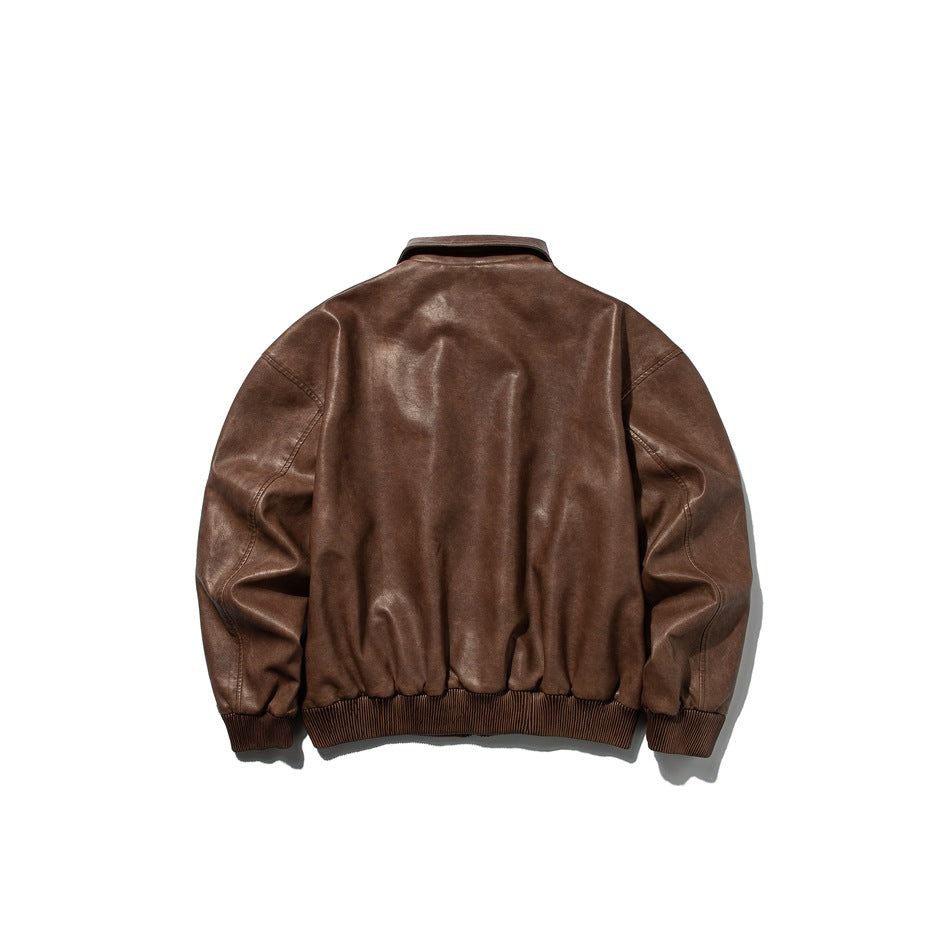 Back view of brown washed faux-leather-look jacket with ribbed cuffs and hem, flat lay