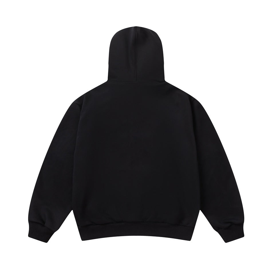 Back view of a plain black hooded sweatshirt with long sleeves and ribbed cuffs and hem.