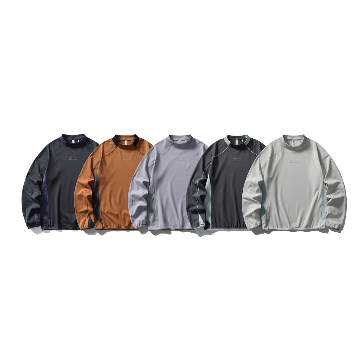 Five long-sleeve high-neck tops shown together in charcoal, brown, lavender, dark gray, and light gray.