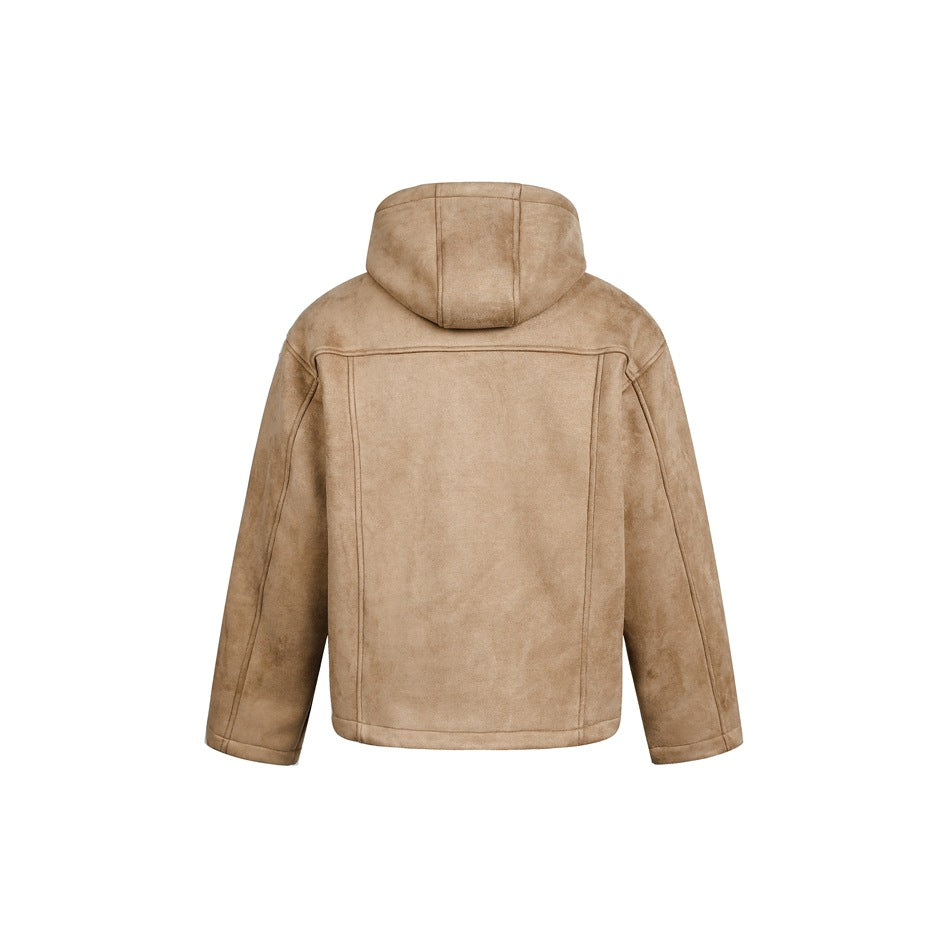 Tan hooded coat shown from the back, with visible panel seams and a plain white background.