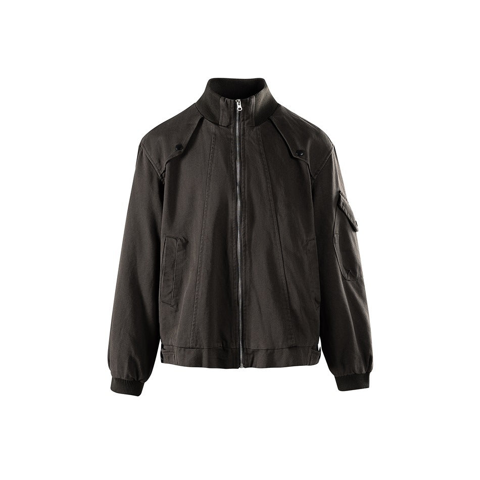 Dark gray zip-front jacket with ribbed stand collar, shoulder snap straps and sleeve flap pocket, front view