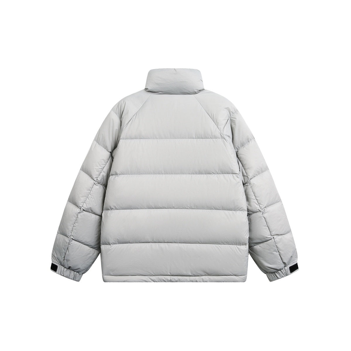 Back view of a light gray quilted puffer jacket with a high collar and black cuff tabs.