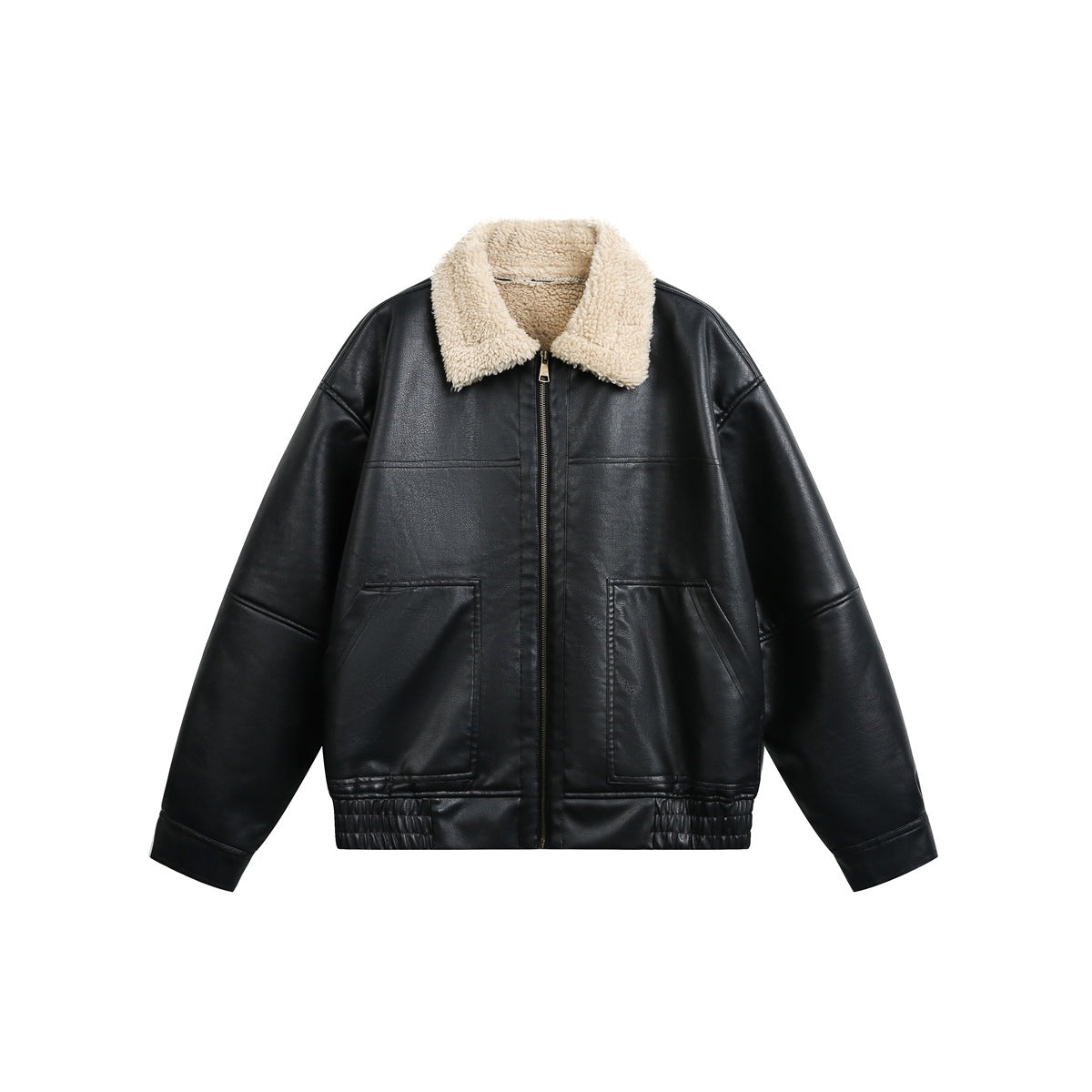 Black leather-look jacket with beige fleece-like collar, front zipper, two large pockets and elastic hem, flat front view