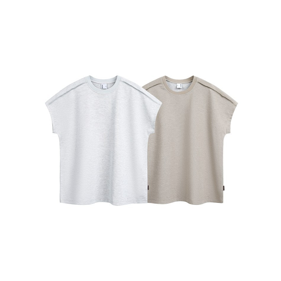 Two loose-fit short-sleeve crew-neck shirts shown from the front in light gray and beige.
