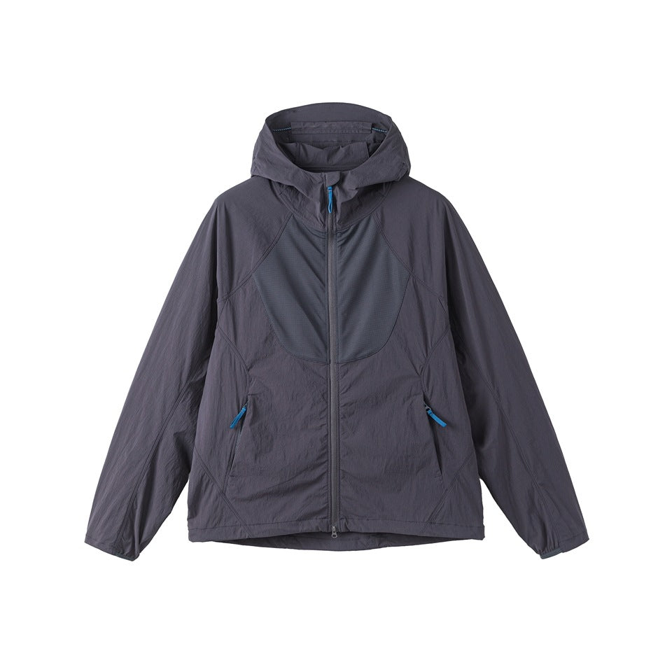 Dark gray hooded zip jacket with matching chest panel and blue zipper pulls, front flat view