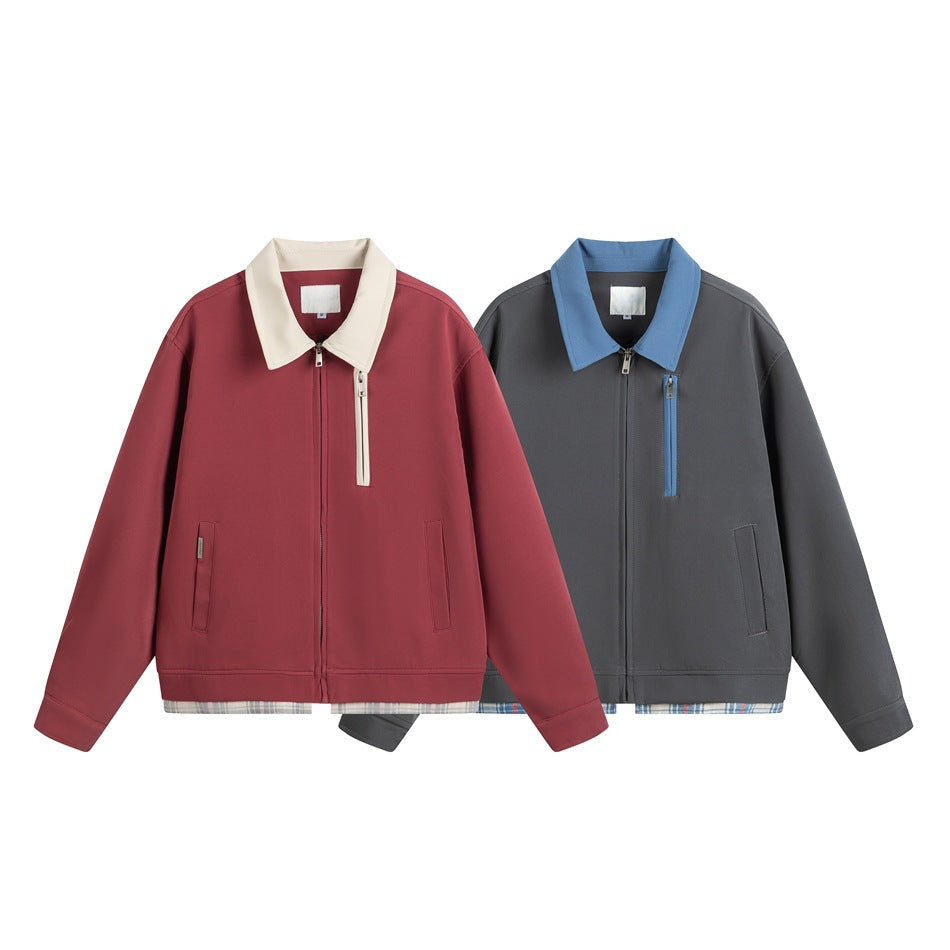Two zip-front jackets shown side by side: burgundy with a cream collar and charcoal gray with a blue collar.
