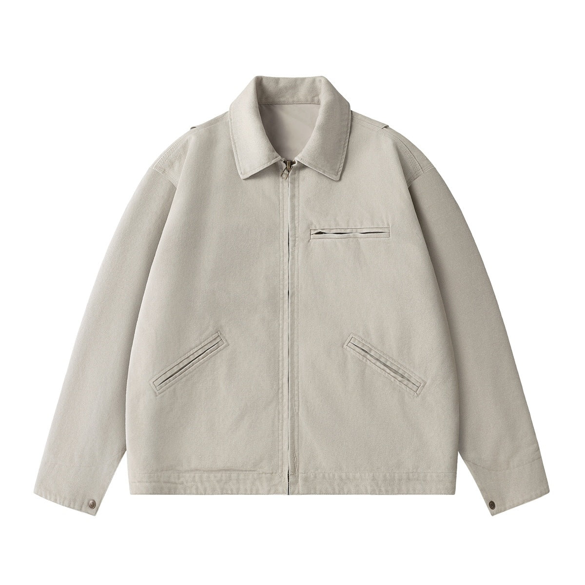 Off-white zip-front work jacket with pointed collar, chest pocket, slanted hip pockets and cuff button tabs, flat lay