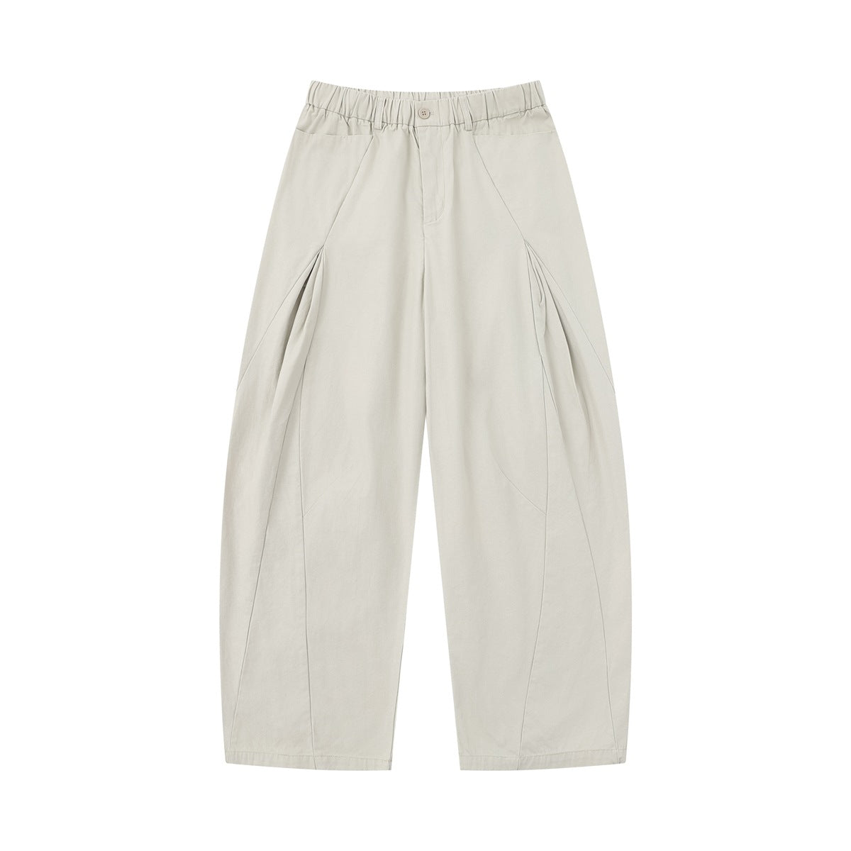 Off-white wide-leg barrel pants with elastic waistband, button and curved seam details, flat front view