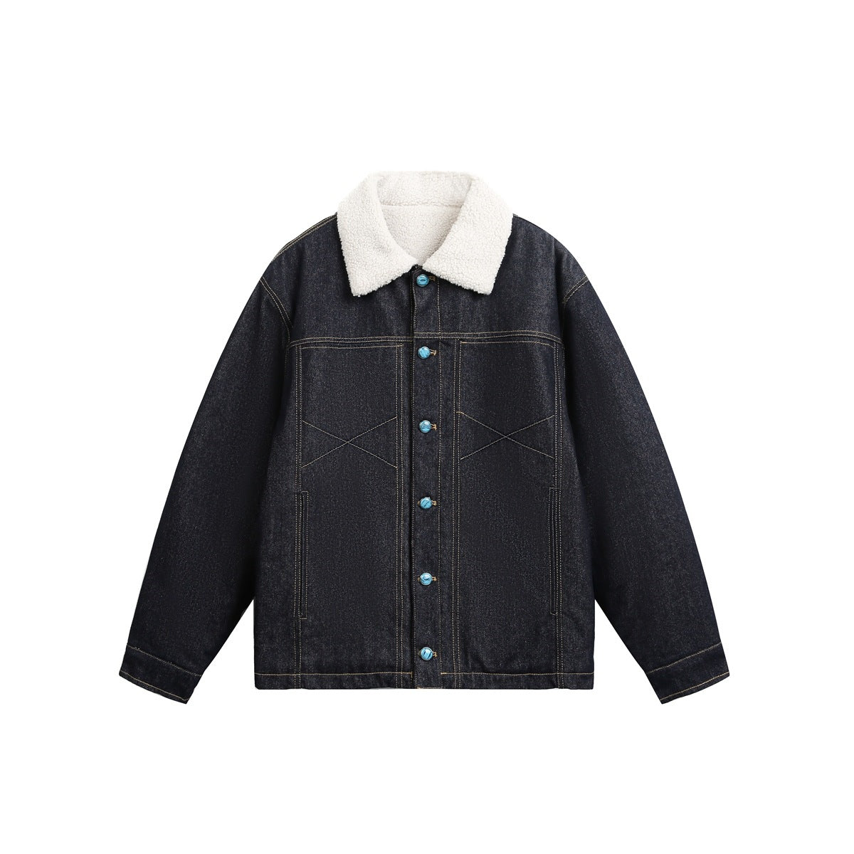 Dark indigo denim jacket with cream fleece-like collar, turquoise buttons and golden topstitching, flat front view