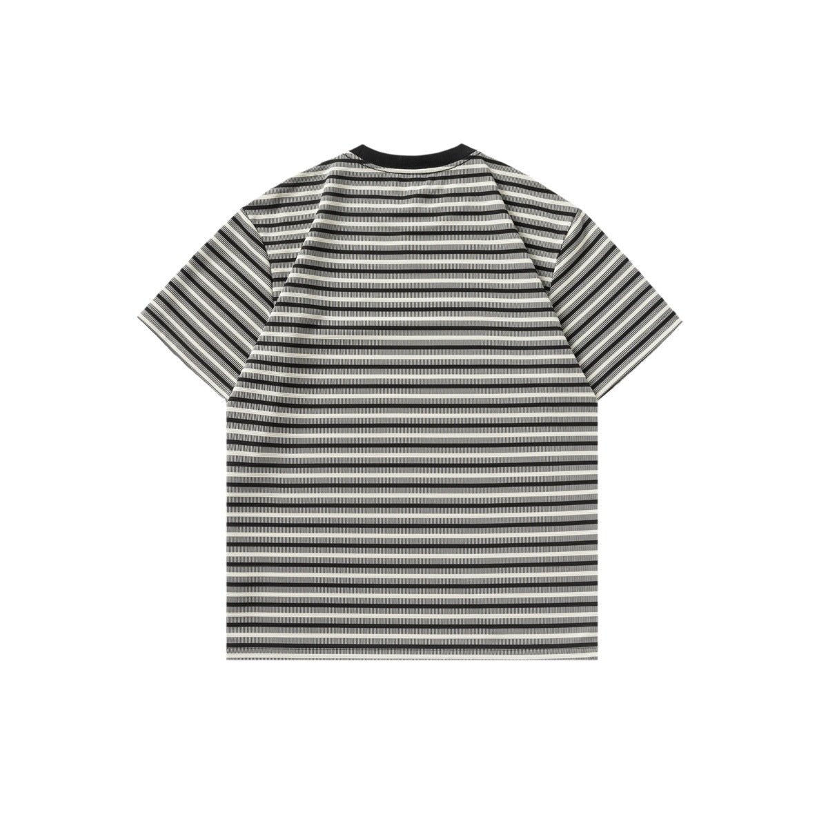 Back view of a short-sleeve black and ivory horizontally striped T-shirt with a black crew neck.