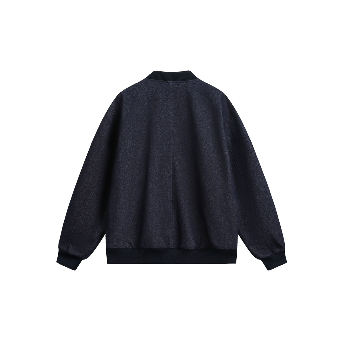 Back view of a dark navy jacket with a plain body and black ribbed collar, cuffs, and hem.