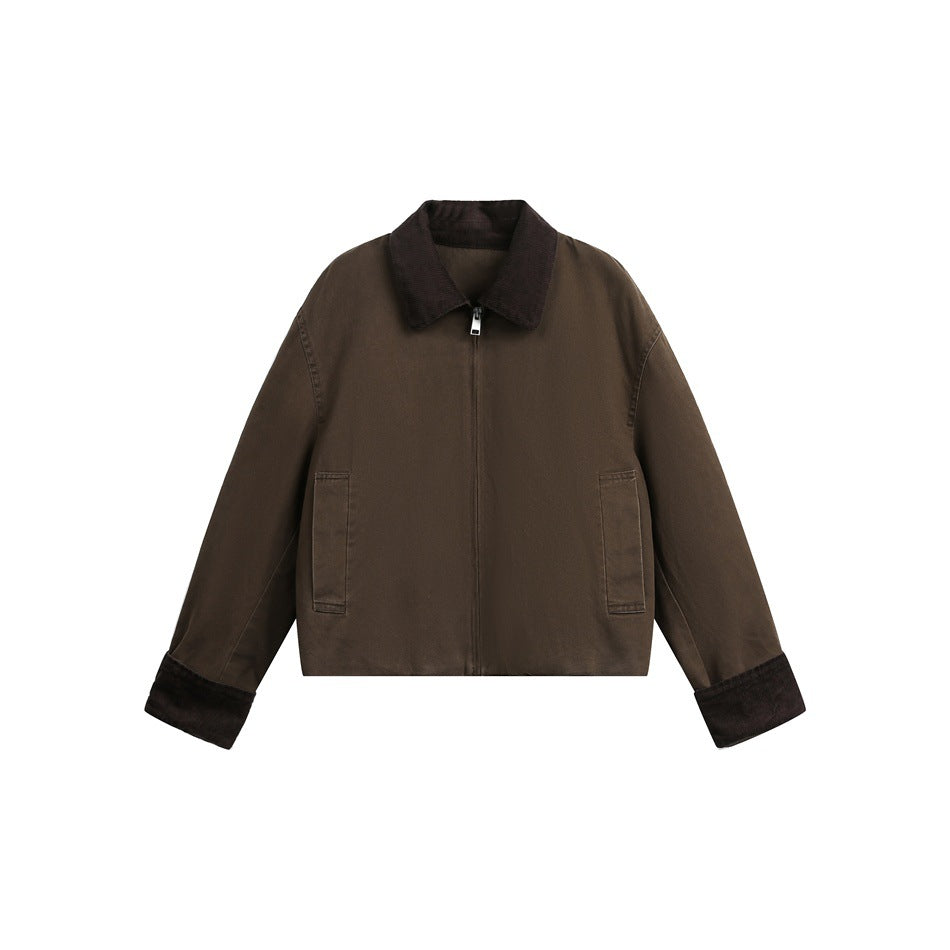 Brown cropped zip-front jacket with dark brown corduroy-style collar and cuffs, flat lay on white background