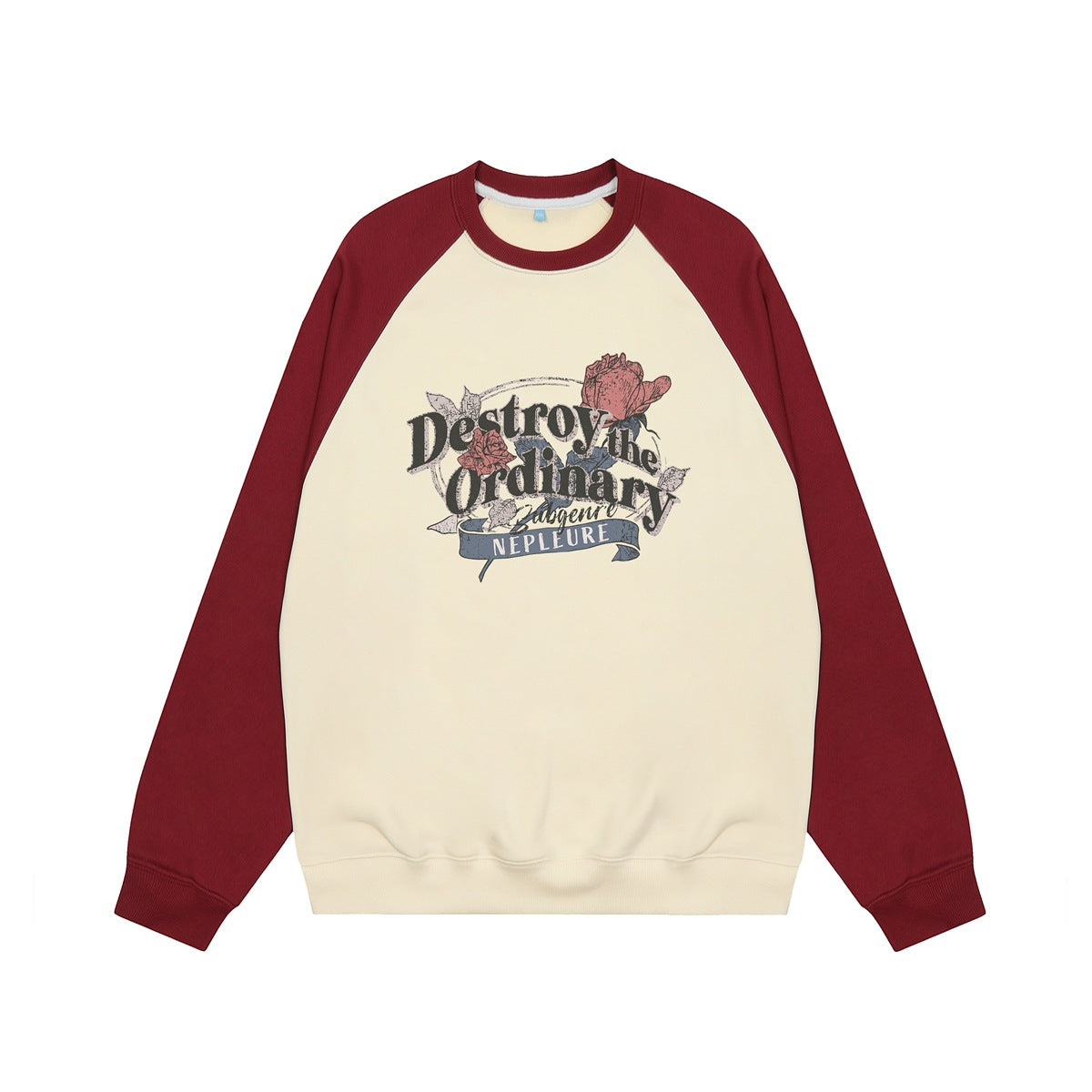 Cream crew-neck raglan sweatshirt with burgundy sleeves and a rose and 'Destroy the Ordinary' graphic on the front