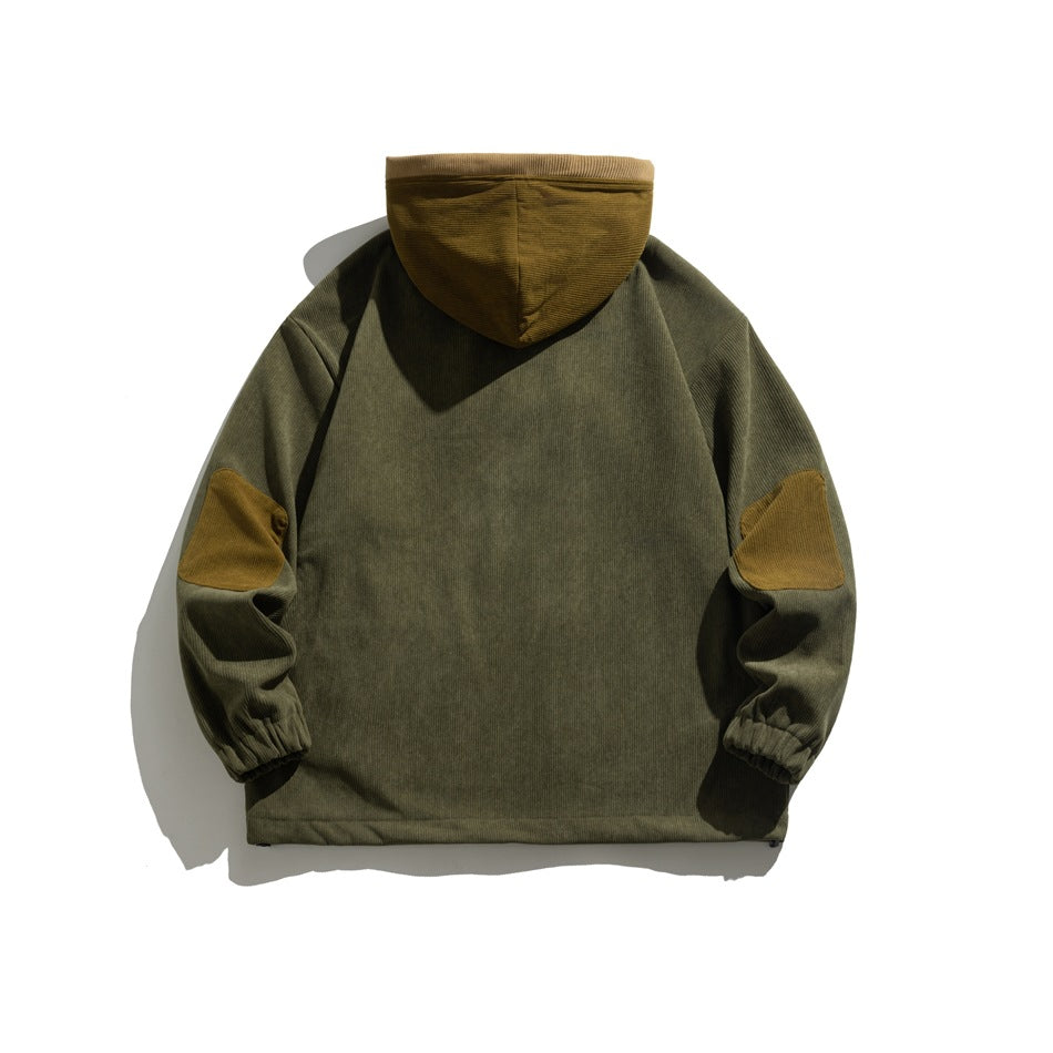 Back view of an olive hooded jacket with tan hood and elbow patches and gathered cuffs.