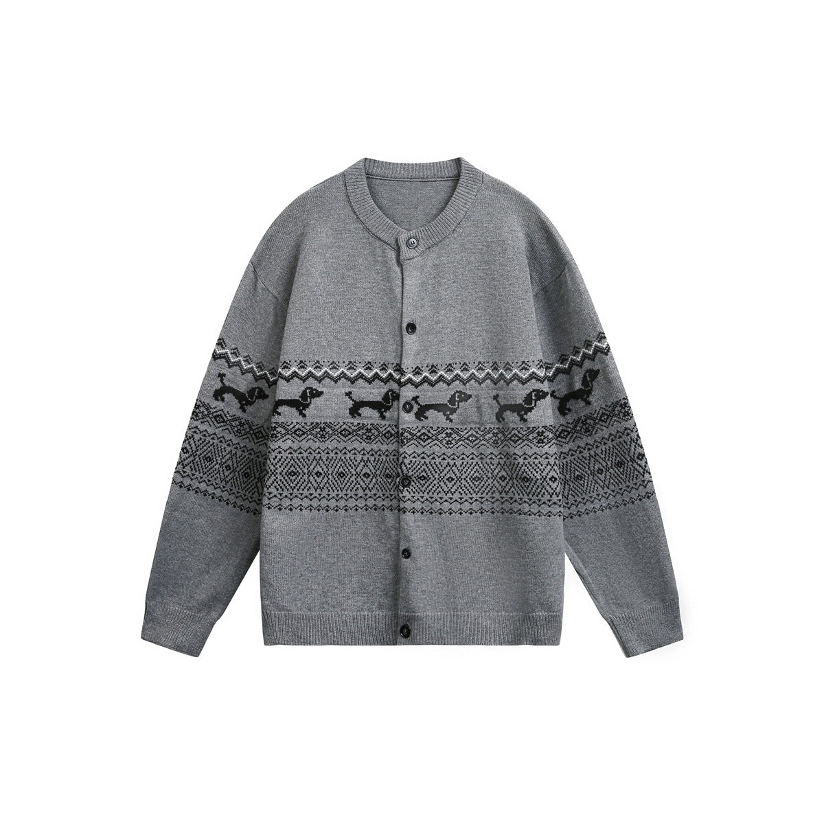 Gray button-front knit cardigan with black Fair Isle band and dachshund motifs, flat lay