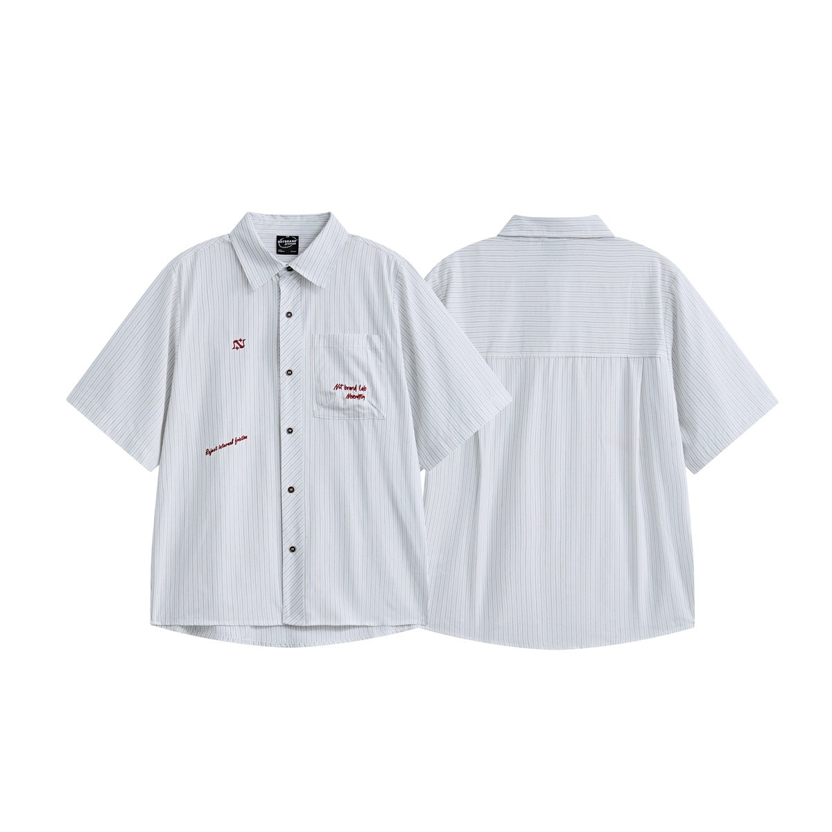 White short-sleeve button-up shirt shown from front and back, with fine stripes, a chest pocket and red embroidery.