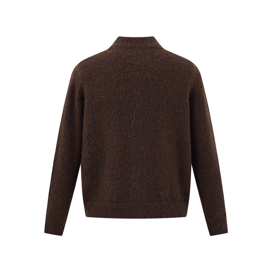 Back view of a dark brown cardigan with a stand collar, long sleeves, and ribbed hem.