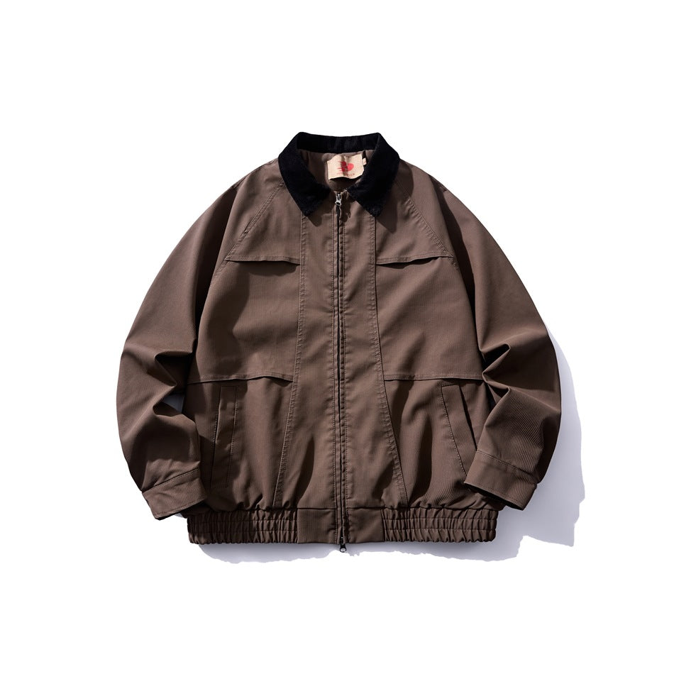 Brown zip-front jacket with black corduroy collar, paneled front, pockets and elastic hem, flat lay front view