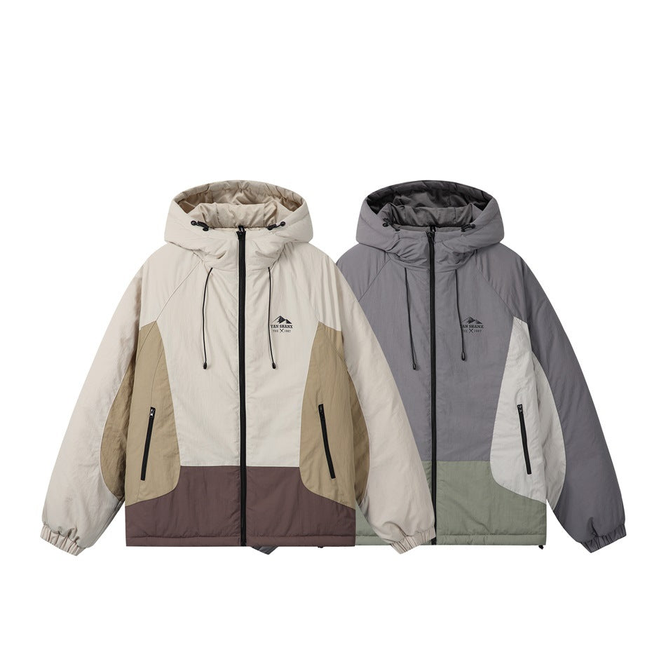 Two hooded color-block jackets shown from the front: cream with tan and brown panels, and gray with pale green panels.