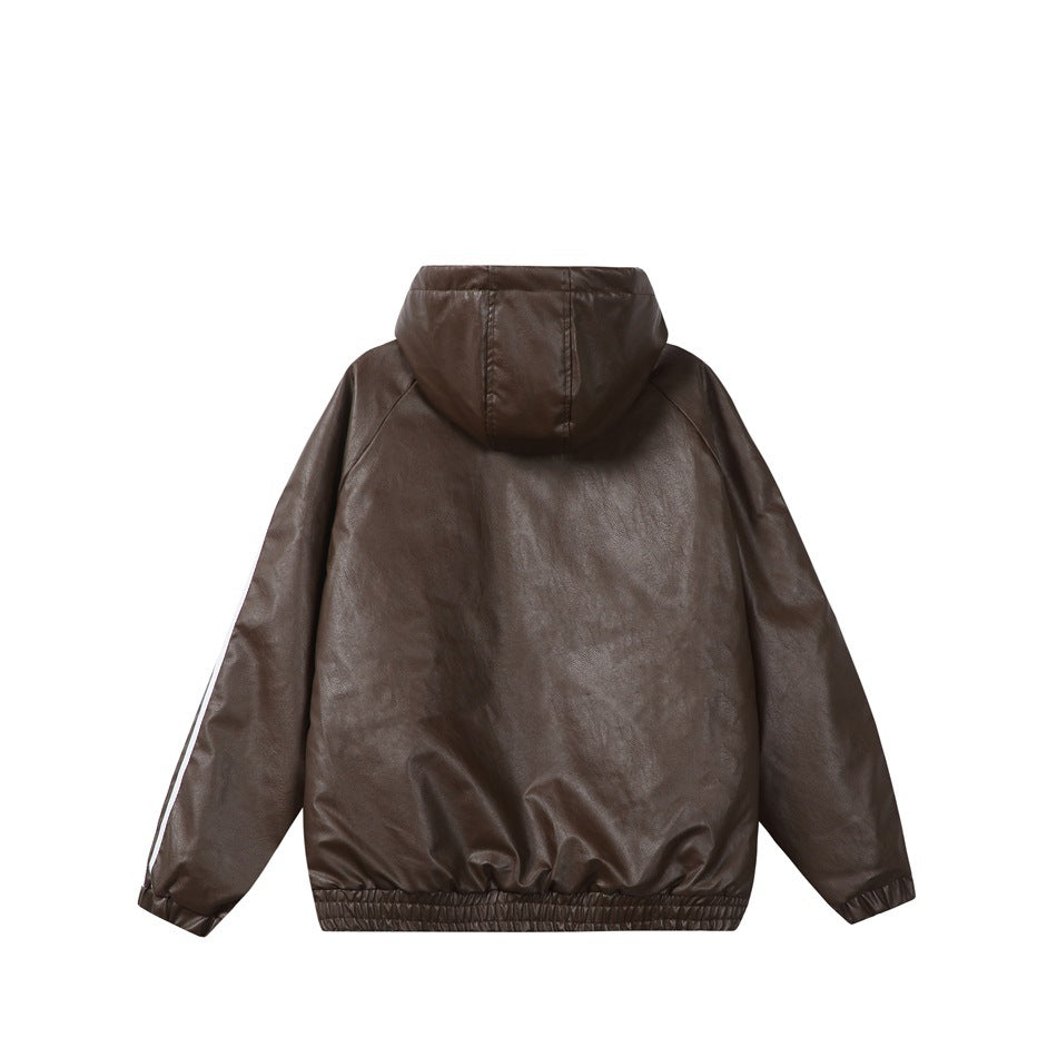 Back view of a dark brown hooded jacket with white sleeve stripes and an elasticated hem.