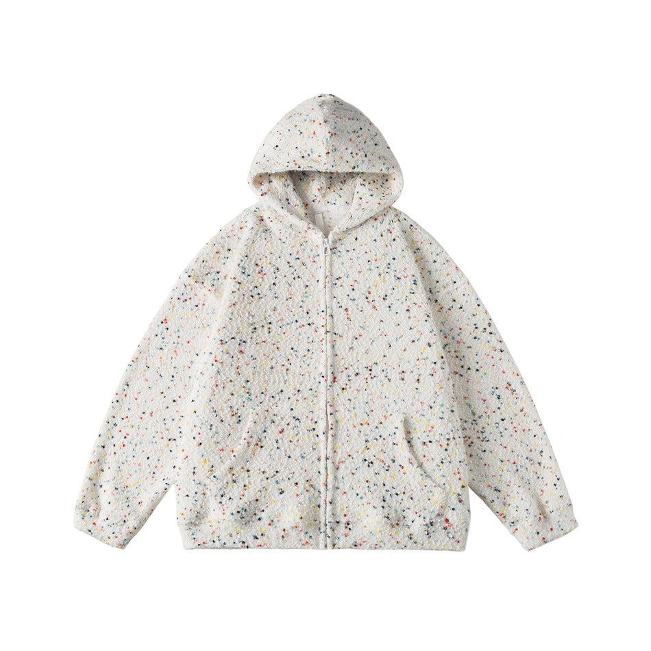 Cream hooded zip jacket with multicolor speckles, front view on a white background
