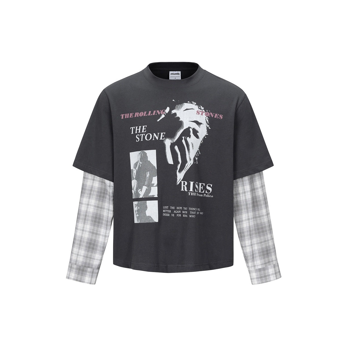 Dark gray layered-look tee with gray plaid long sleeves and a large black-and-white portrait graphic print