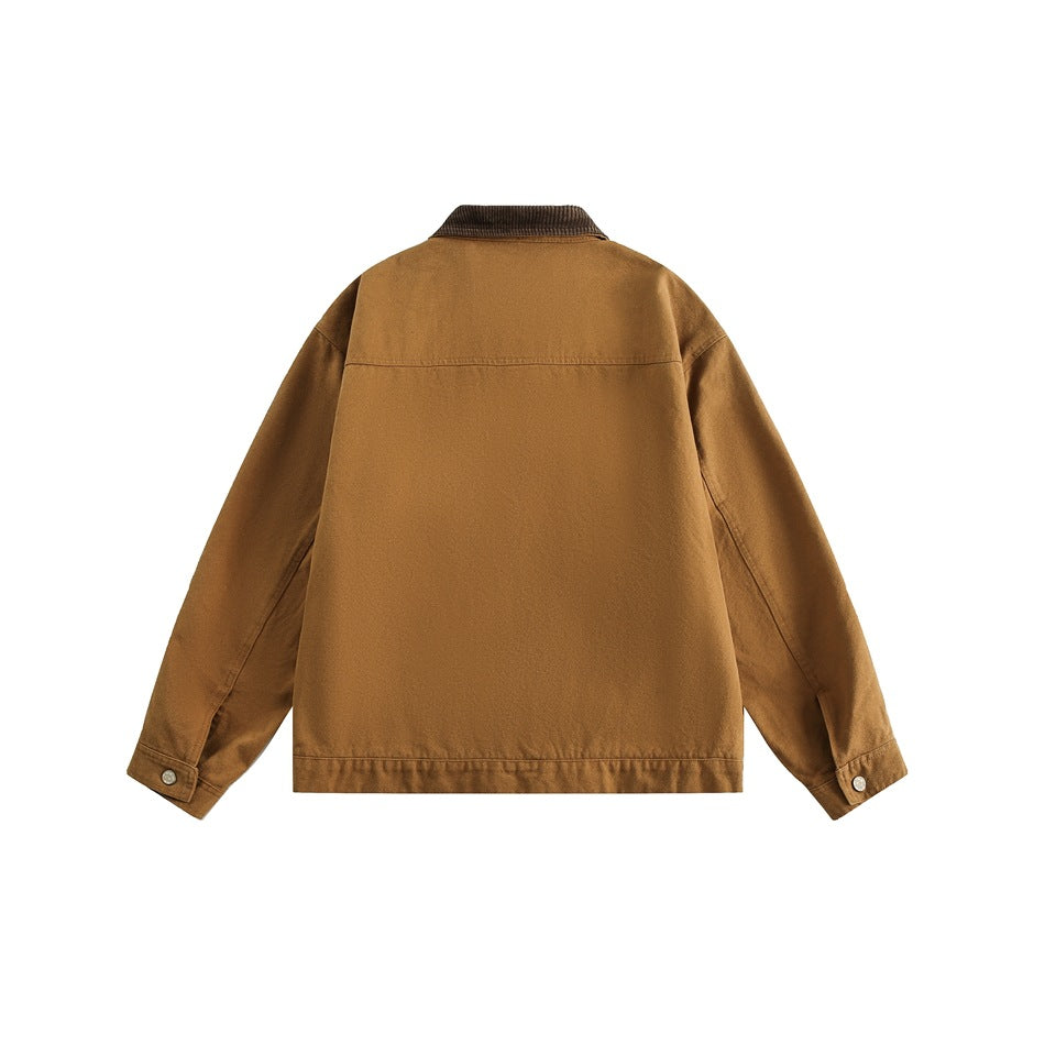 Back view of a camel-brown jacket with long sleeves, a dark ribbed collar, and buttoned cuffs.