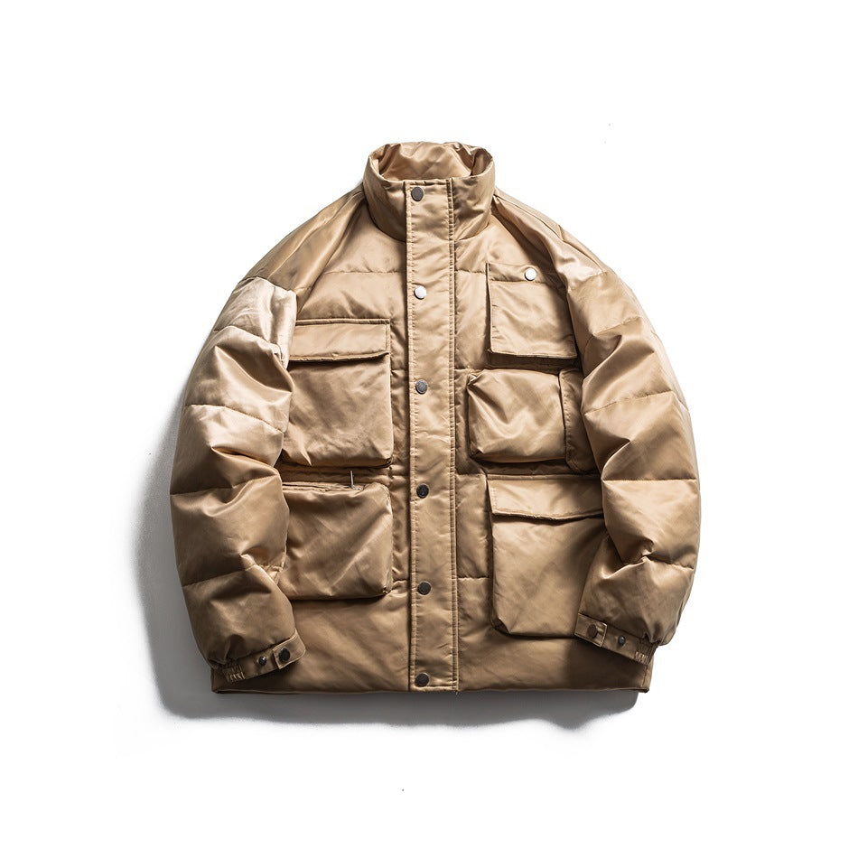 Khaki quilted stand-collar puffer jacket with snap front and multiple flap pockets, flat lay front view