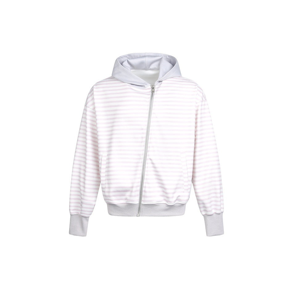 Pink and white striped zip hooded jacket with gray hood, ribbed cuffs and hem, and diagonal zipper, flat front view