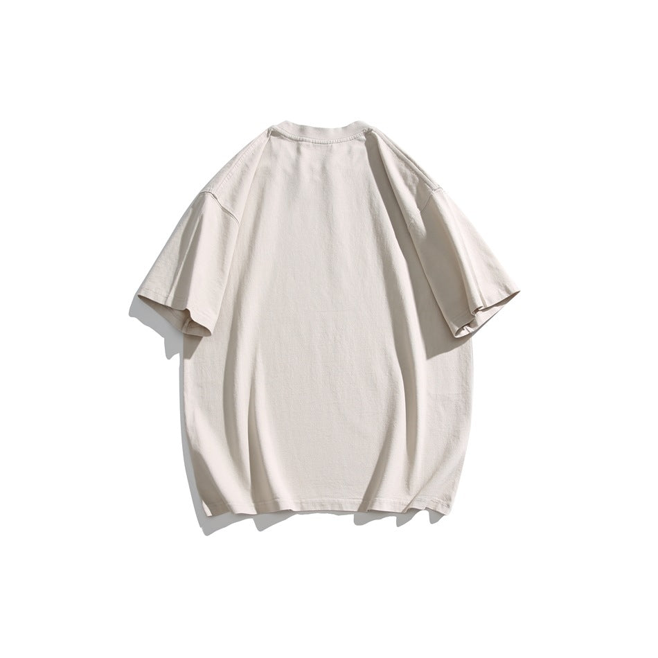 Back view of a plain oversized off-white T-shirt with short sleeves, displayed against a white background.