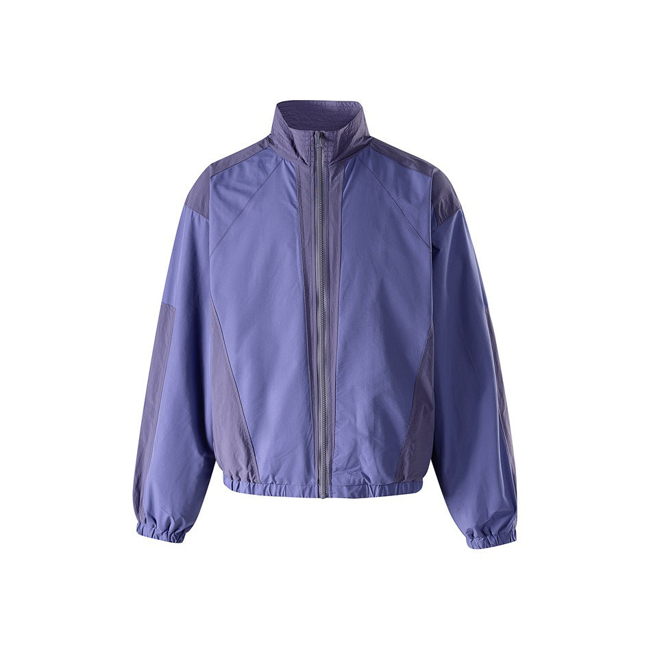 Purple stand-collar zip jacket with darker tonal panels, elastic cuffs and hem, front view on white background