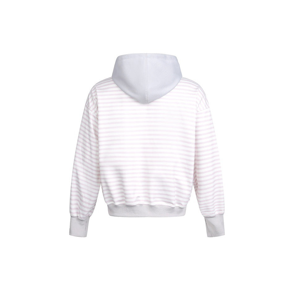 Back view of a pale pink-and-white striped hoodie with a light gray hood, cuffs, and hem.