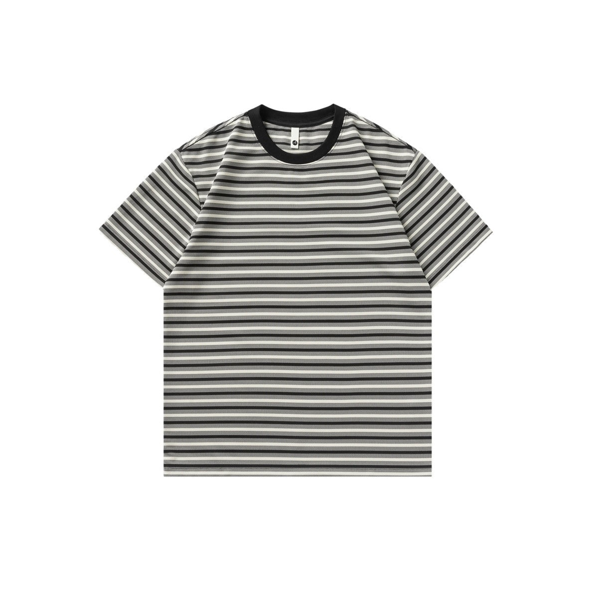 Black, gray and cream striped short-sleeve crew-neck T-shirt with black ribbed collar, flat lay front view
