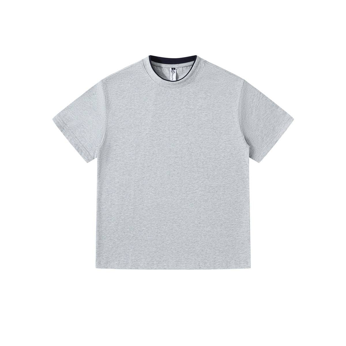 Heather gray short-sleeve crew-neck T-shirt with navy layered inner collar, flat front view