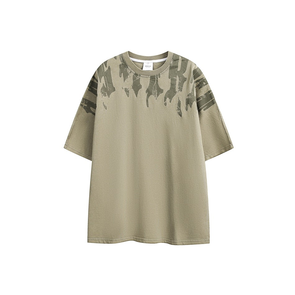 Khaki green short-sleeve crewneck T-shirt with darker green distressed drip print at shoulders, flat front view