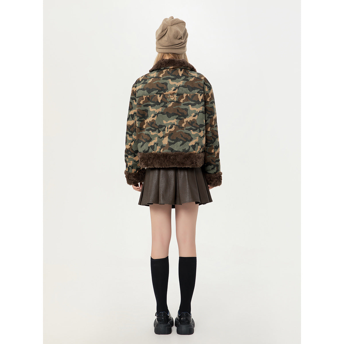Rear view of a model wearing a camouflage jacket with dark brown plush collar, cuffs and hem.