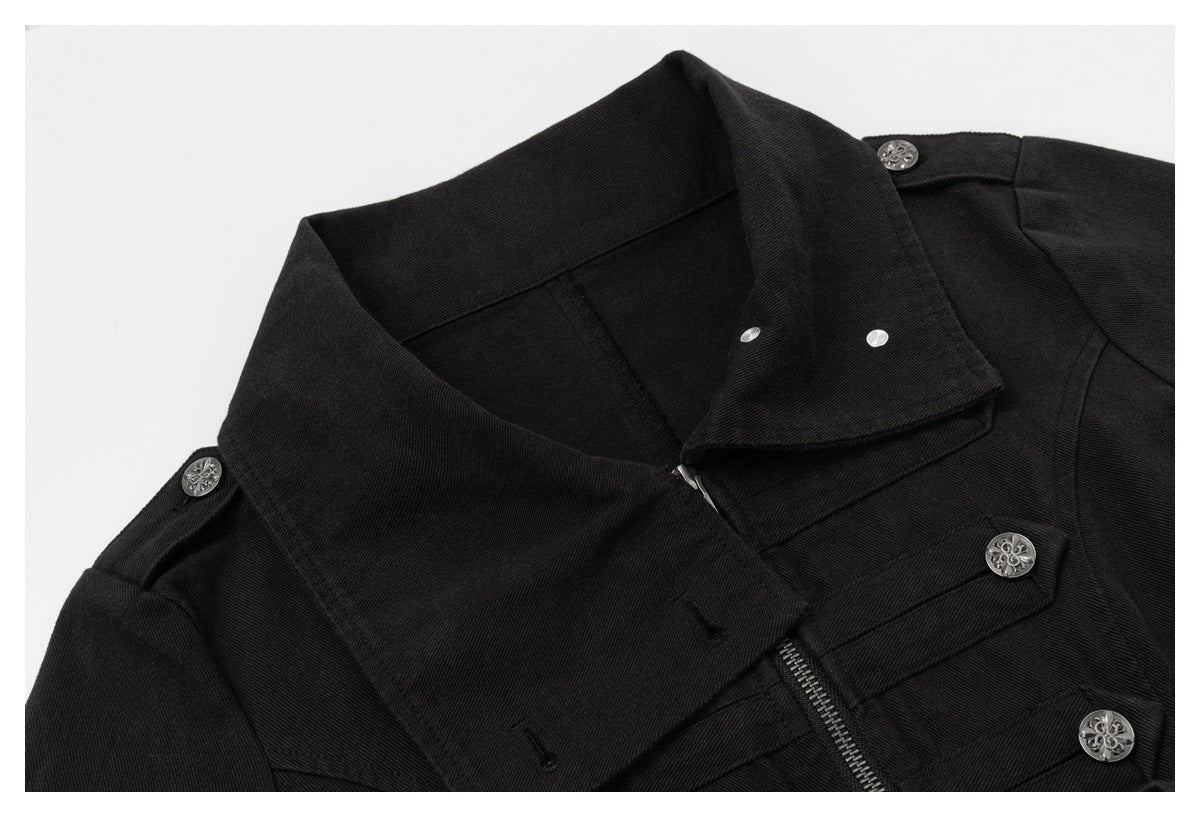 Close-up of the black jacket's collar, shoulder tab, zipper, and decorative silver buttons.