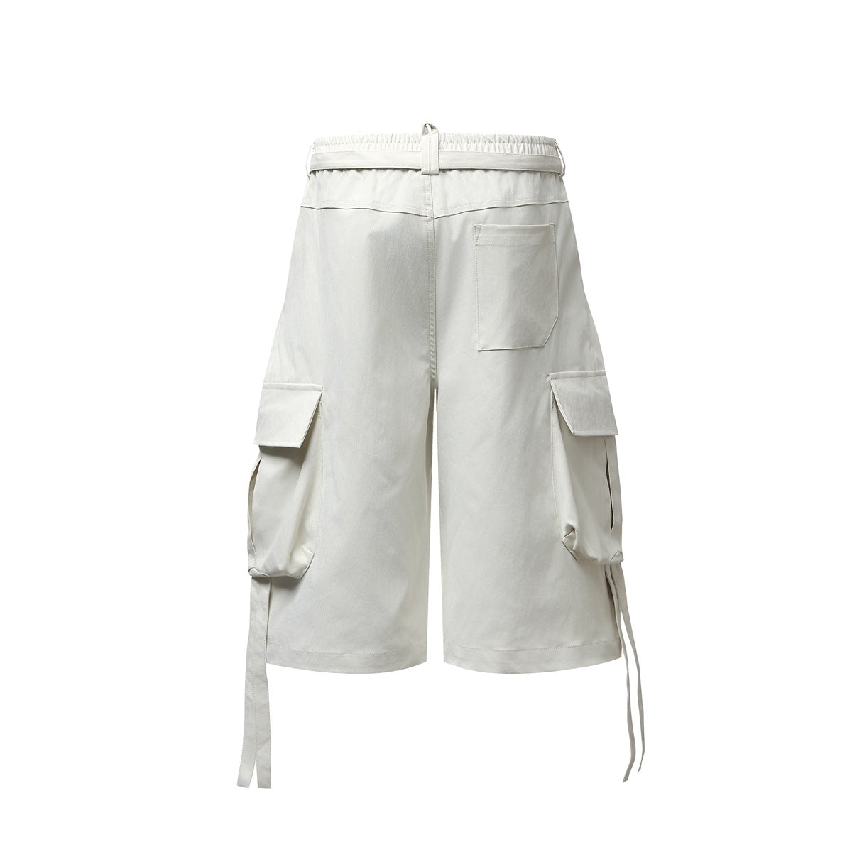Back view of off-white cargo shorts with elastic waist, back patch pocket, side flap pockets and long hanging straps