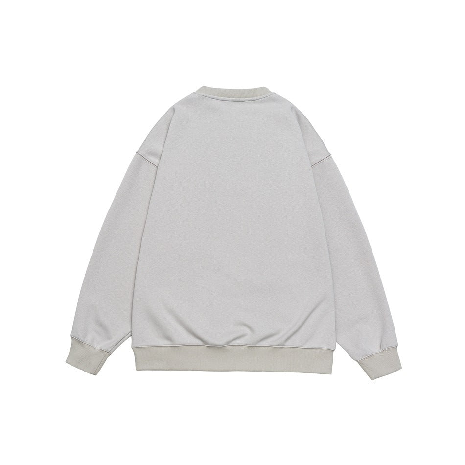 Back view of a light gray crewneck sweatshirt laid flat against a white background.