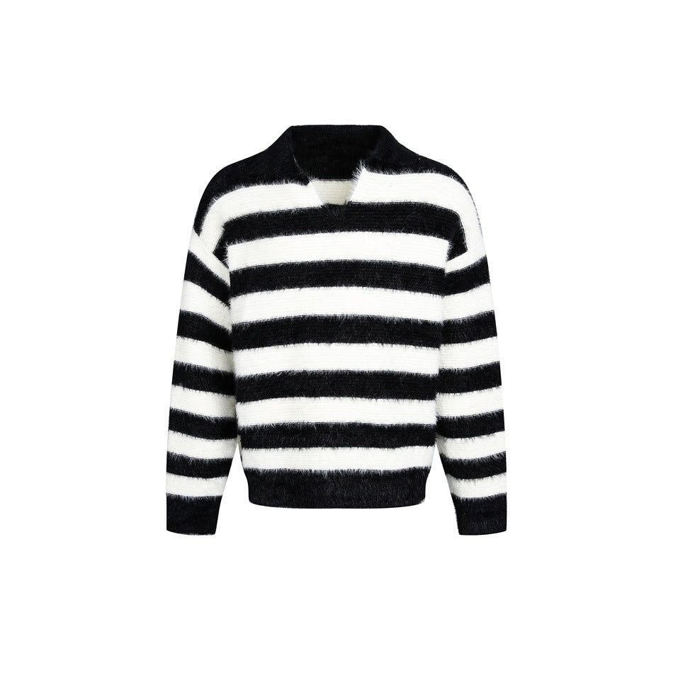 Front view of a black-and-ivory horizontally striped fuzzy knit sweater with a short stand collar and V-notch neckline.