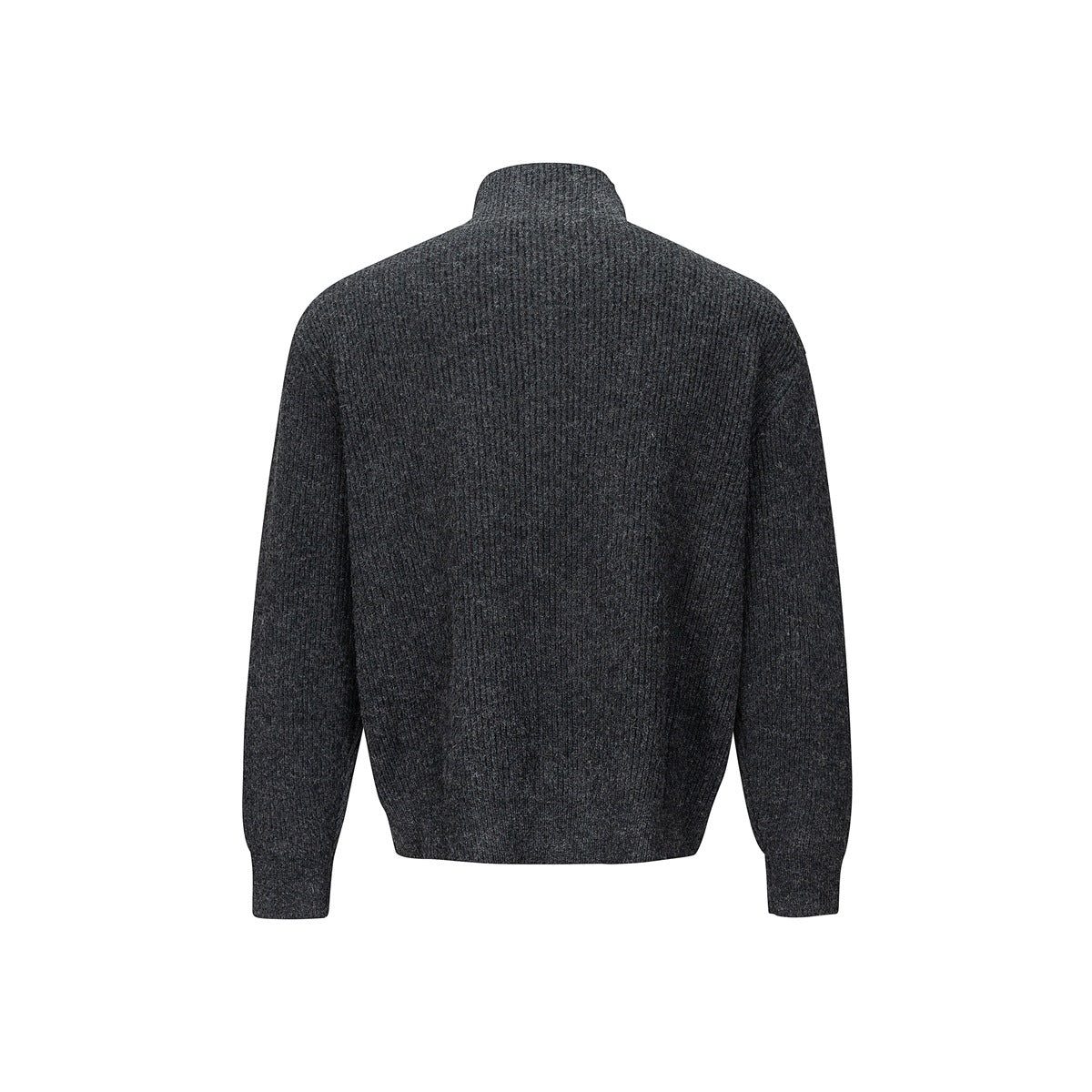 Back view of a charcoal gray rib-knit sweater with a high collar, long sleeves, and ribbed cuffs and hem.