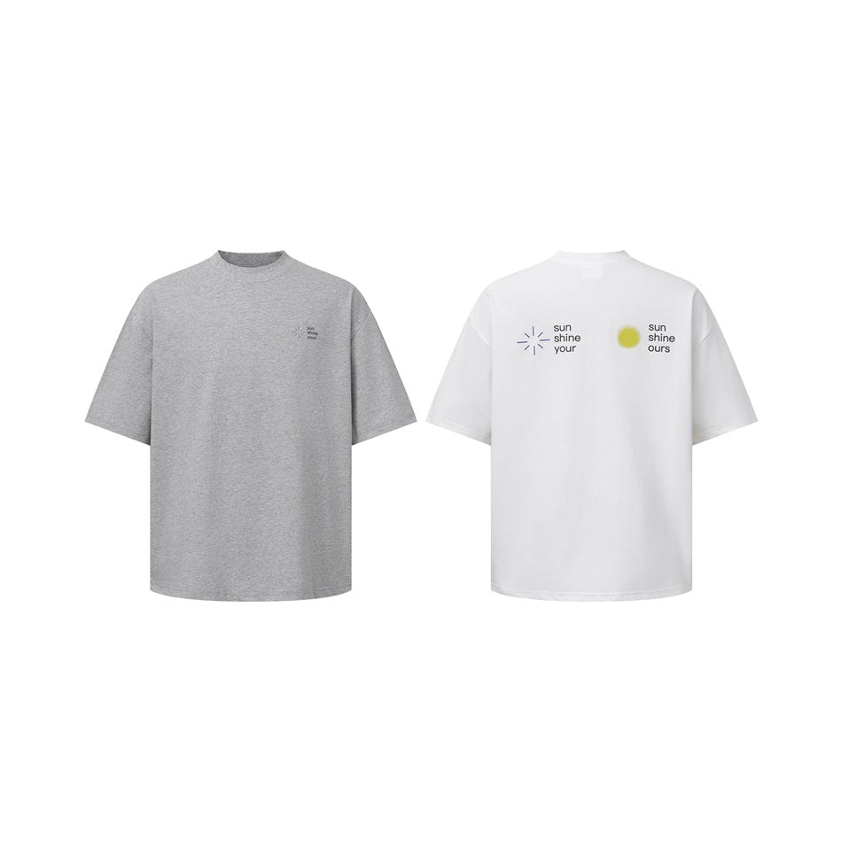 Gray T-shirt front and white T-shirt back, showing small chest and larger back sun-themed graphics.