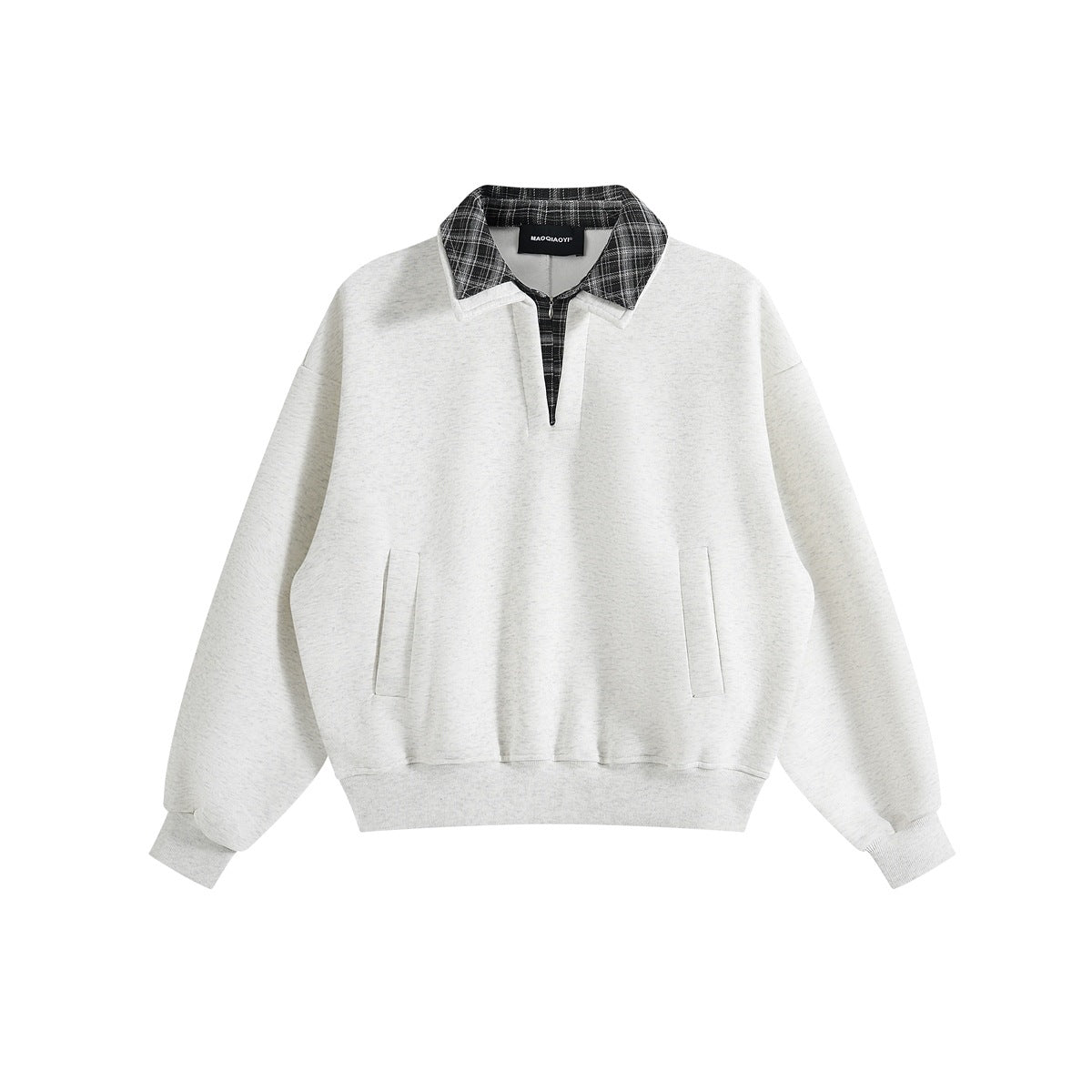 Light gray-white sweatshirt with plaid collar, short zip placket, slit pockets and ribbed cuffs and hem, flat lay