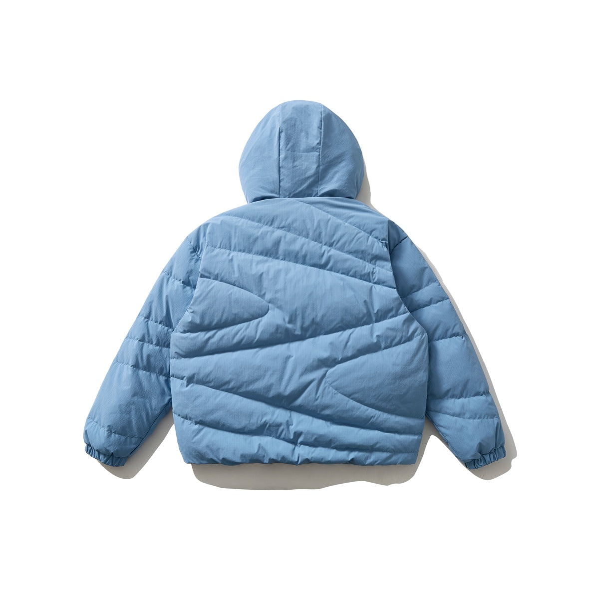 Back view of a light blue hooded quilted jacket with diagonal paneling and elastic cuffs.