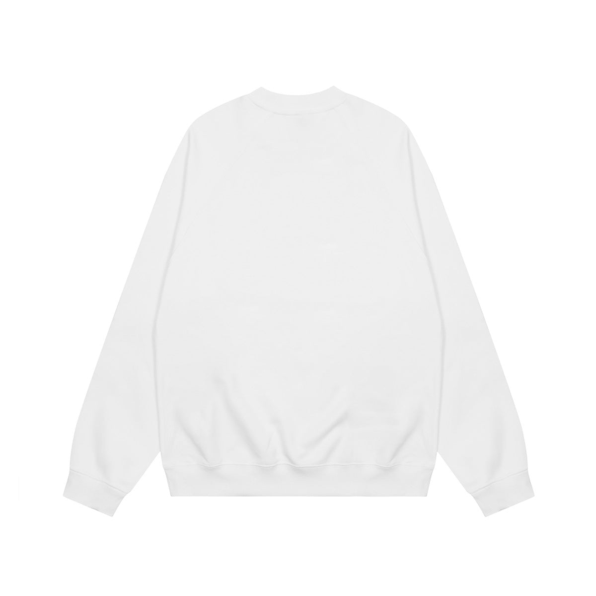 Back view of a plain white crewneck raglan sweatshirt with ribbed cuffs and hem